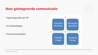 Naar geïntegreerde communicatie
▪ Spanningsveld van PR
▪ 4 verhoudingen
▪ Communicatieplan
Imago, identiteit en huisstijl 26
 