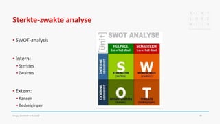 Sterkte-zwakte analyse
▪ SWOT-analysis
▪ Intern:
▪ Sterktes
▪ Zwaktes
▪ Extern:
▪ Kansen
▪ Bedreigingen
Imago, identiteit en huisstijl 29
 