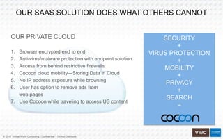 © 2016 Virtual World Computing | Confidential – Do Not Distribute
OUR SAAS SOLUTION DOES WHAT OTHERS CANNOT
OUR PRIVATE CLOUD
1. Browser encrypted end to end
2. Anti-virus/malware protection with endpoint solution
3. Access from behind restrictive firewalls
4. Cocoon cloud mobility—Storing Data in Cloud
5. No IP address exposure while browsing
6. User has option to remove ads from
web pages
7. Use Cocoon while traveling to access US content
SECURITY
+
VIRUS PROTECTION
+
MOBILITY
+
PRIVACY
+
SEARCH
=
 