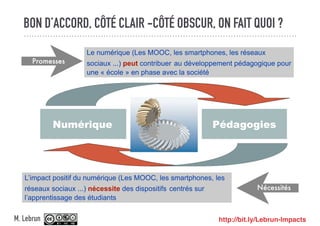 BON D’ACCORD, CÔTÉ CLAIR -CÔTÉ OBSCUR, ON FAIT QUOI ?
http://bit.ly/Lebrun-ImpactsM. Lebrun
Numérique Pédagogies
Le numérique (Les MOOC, les smartphones, les réseaux
sociaux ...) peut contribuer au développement pédagogique pour
une « école » en phase avec la société
L’impact positif du numérique (Les MOOC, les smartphones, les
réseaux sociaux ...) nécessite des dispositifs centrés sur
l’apprentissage des étudiants
Promesses
Nécessités
 