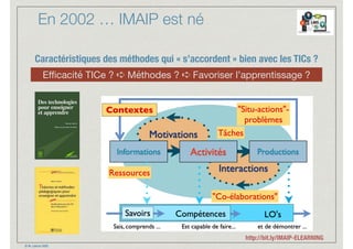 © M. Lebrun 2020
En 2002 … IMAIP est né
Caractéristiques des méthodes qui « s’accordent » bien avec les TICs ?
Eﬃcacité TICe ? ➪ Méthodes ? ➪ Favoriser l’apprentissage ?
http://bit.ly/IMAIP-ELEARNING
 
