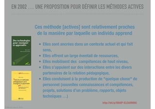 © Marcel Lebrun 2020
EN 2002 … UNE PROPOSITION POUR DÉFINIR LES MÉTHODES ACTIVES
http://bit.ly/IMAIP-ELEARNING
Ces méthode [actives] sont relativement proches
de la manière par laquelle un individu apprend 
Elles sont ancrées dans un contexte actuel et qui fait
sens,
Elles offrent un large éventail de ressources,
Elles mobilisent des compétences de haut niveau,
Elles s’appuient sur des interactions entre les divers
partenaires de la relation pédagogique,
Elles conduisent à la production de "quelque chose" de
personnel (nouvelles connaissances et compétences,
projets, solutions d’un problème, rapports, objets
techniques …)
 