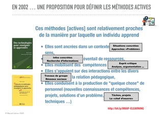 © Marcel Lebrun 2020
EN 2002 … UNE PROPOSITION POUR DÉFINIR LES MÉTHODES ACTIVES
http://bit.ly/IMAIP-ELEARNING
Ces méthodes [actives] sont relativement proches
de la manière par laquelle un individu apprend 
Elles sont ancrées dans un contexte actuel et qui fait
sens,
Elles offrent un large éventail de ressources,
Elles mobilisent des compétences de haut niveau,
Elles s’appuient sur des interactions entre les divers
partenaires de la relation pédagogique,
Elles conduisent à la production de "quelque chose" de
personnel (nouvelles connaissances et compétences,
projets, solutions d’un problème, rapports, objets
techniques …)
Situations concrètes
Approches «Problème»
Infos concrètes
Recherche d’informations
Esprit critique
Analyse, argumentation ...
Travaux de groupe
Réseaux sociaux
Tâches, projets
Le «chef d’oeuvre»
 