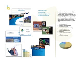 professional,
interactive         Imaj has extensive experience in all types
                    of presentations, talks and events.
presentations for   Whether we are facilitating meetings with
many industries     the creation of a strategy or plan as an end
                    goal, spearheading topical engagement
                    conversations, or assisting a client with an
                    event, we apply the same attention to
                    detail and extraordinary service at every
                    point.

                    •    strategic planning
                    •    outreach and engagement
                    •    event management
                    •    speech or presentation writing
                    •    invitations and e-vites
                    •    interactive presentations
                    •    handouts
                    •    public relations/promotion
                    •    signage
                    •    follow-up materials
 