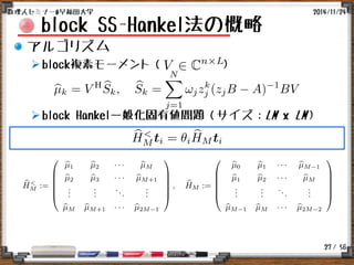 / 56
アルゴリズム
block複素モーメント（ ）
block Hankel一般化固有値問題（サイズ：LM x LM）
block SS-Hankel法の概略
2014/11/24数理人セミナー@早稲田大学
27
 