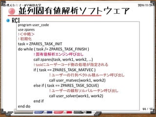 / 56
program user_code
use zpares
!＜中略＞
! 初期化
task = ZPARES_TASK_INIT
do while ( task /= ZPARES_TASK_FINISH )
! 固有値解析エンジン呼び出し
call zpares(task, work1, work2, …)
! taskにユーザーコード側の処理が指定される
if ( task == ZPARES_TASK_MATVEC )
! ユーザーの行列ベクトル積ルーチン呼び出し
call user_matvec(work1, work2)
else if ( task == ZPARES_TASK_SOLVE)
! ユーザーの線形ソルバルーチン呼び出し
call user_solver(work1, work2)
end if
end do
並列固有値解析ソフトウェア
RCI
2014/11/24数理人セミナー@早稲田大学
44
 