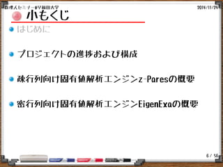 / 56
小もくじ
はじめに
プロジェクトの進捗および構成
疎行列向け固有値解析エンジンz-Paresの概要
密行列向け固有値解析エンジンEigenExaの概要
2014/11/24数理人セミナー@早稲田大学
6
 
