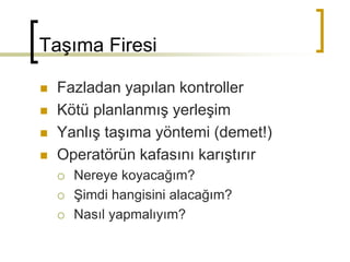 Taşıma Firesi
 Fazladan yapılan kontroller
 Kötü planlanmış yerleşim
 Yanlış taşıma yöntemi (demet!)
 Operatörün kafasını karıştırır
 Nereye koyacağım?
 Şimdi hangisini alacağım?
 Nasıl yapmalıyım?
 