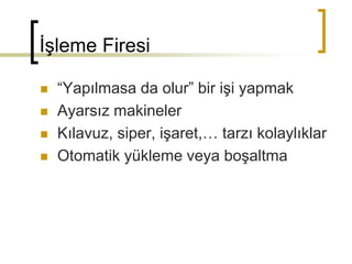 İşleme Firesi
 “Yapılmasa da olur” bir işi yapmak
 Ayarsız makineler
 Kılavuz, siper, işaret,… tarzı kolaylıklar
 Otomatik yükleme veya boşaltma
 