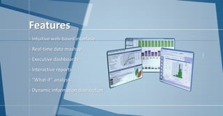 - Intuitive web-based interface
- Real-time data mashup
- Executive dashboards
- Interactive reports
- “What-if” analysis
- Dynamic information distribution
Features
 