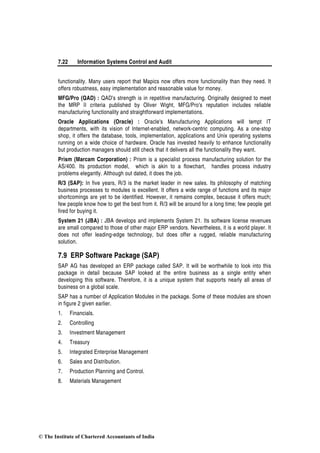 7.22 Information Systems Control and Audit
functionality. Many users report that Mapics now offers more functionality than they need. It
offers robustness, easy implementation and reasonable value for money.
MFG/Pro (QAD) : QAD's strength is in repetitive manufacturing. Originally designed to meet
the MRP II criteria published by Oliver Wight, MFG/Pro's reputation includes reliable
manufacturing functionality and straightforward implementations.
Oracle Applications (Oracle) : Oracle's Manufacturing Applications will tempt IT
departments, with its vision of Internet-enabled, network-centric computing. As a one-stop
shop, it offers the database, tools, implementation, applications and Unix operating systems
running on a wide choice of hardware. Oracle has invested heavily to enhance functionality
but production managers should still check that it delivers all the functionality they want.
Prism (Marcam Corporation) : Prism is a specialist process manufacturing solution for the
AS/400. Its production model, which is akin to a flowchart, handles process industry
problems elegantly. Although out dated, it does the job.
R/3 (SAP): In five years, R/3 is the market leader in new sales. Its philosophy of matching
business processes to modules is excellent. It offers a wide range of functions and its major
shortcomings are yet to be identified. However, it remains complex, because it offers much;
few people know how to get the best from it. R/3 will be around for a long time; few people get
fired for buying it.
System 21 (JBA) : JBA develops and implements System 21. Its software license revenues
are small compared to those of other major ERP vendors. Nevertheless, it is a world player. It
does not offer leading-edge technology, but does offer a rugged, reliable manufacturing
solution.
7.9 ERP Software Package (SAP)
SAP AG has developed an ERP package called SAP. It will be worthwhile to look into this
package in detail because SAP looked at the entire business as a single entity when
developing this software. Therefore, it is a unique system that supports nearly all areas of
business on a global scale.
SAP has a number of Application Modules in the package. Some of these modules are shown
in figure 2 given earlier.
1. Financials.
2. Controlling
3. Investment Management
4. Treasury
5. Integrated Enterprise Management
6. Sales and Distribution.
7. Production Planning and Control.
8. Materials Management
© The Institute of Chartered Accountants of India
 