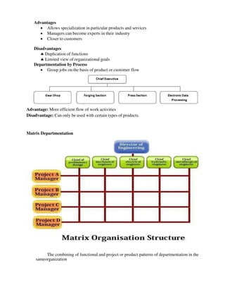 Advantages
 Allows specialization in particular products and services
 Managers can become experts in their industry
 Closer to customers
Disadvantages
 Duplication of functions
 Limited view of organizational goals
Departmentation by Process
 Group jobs on the basis of product or customer flow
Advantage: More efficient flow of work activities
Disadvantage: Can only be used with certain types of products.
Matrix Departmentation
The combining of functional and project or product patterns of departmentation in the
sameorganization
 