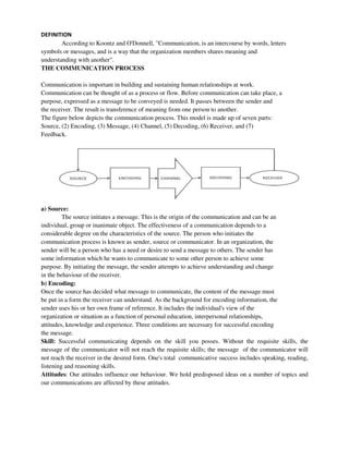 DEFINITION
According to Koontz and O'Donnell, "Communication, is an intercourse by words, letters
symbols or messages, and is a way that the organization members shares meaning and
understanding with another".
THE COMMUNICATION PROCESS
Communication is important in building and sustaining human relationships at work.
Communication can be thought of as a process or flow. Before communication can take place, a
purpose, expressed as a message to be conveyed is needed. It passes between the sender and
the receiver. The result is transference of meaning from one person to another.
The figure below depicts the communication process. This model is made up of seven parts:
Source, (2) Encoding, (3) Message, (4) Channel, (5) Decoding, (6) Receiver, and (7)
Feedback.
a) Source:
The source initiates a message. This is the origin of the communication and can be an
individual, group or inanimate object. The effectiveness of a communication depends to a
considerable degree on the characteristics of the source. The person who initiates the
communication process is known as sender, source or communicator. In an organization, the
sender will be a person who has a need or desire to send a message to others. The sender has
some information which he wants to communicate to some other person to achieve some
purpose. By initiating the message, the sender attempts to achieve understanding and change
in the behaviour of the receiver.
b) Encoding:
Once the source has decided what message to communicate, the content of the message must
be put in a form the receiver can understand. As the background for encoding information, the
sender uses his or her own frame of reference. It includes the individual's view of the
organization or situation as a function of personal education, interpersonal relationships,
attitudes, knowledge and experience. Three conditions are necessary for successful encoding
the message.
Skill: Successful communicating depends on the skill you posses. Without the requisite skills, the
message of the communicator will not reach the requisite skills; the message of the communicator will
not reach the receiver in the desired form. One's total communicative success includes speaking, reading,
listening and reasoning skills.
Attitudes: Our attitudes influence our behaviour. We hold predisposed ideas on a number of topics and
our communications are affected by these attitudes.
 