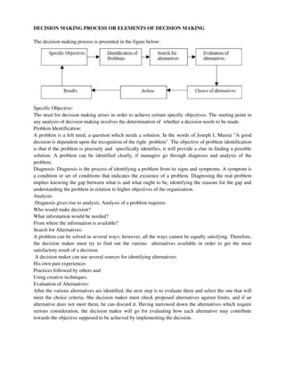 DECISION MAKING PROCESS OR ELEMENTS OF DECISION MAKING
The decision making process is presented in the figure below:
Specific Objective:
The need for decision making arises in order to achieve certain specific objectives. The starting point in
any analysis of decision making involves the determination of whether a decision needs to be made.
Problem Identification:
A problem is a felt need, a question which needs a solution. In the words of Joseph L Massie "A good
decision is dependent upon the recognition of the right problem". The objective of problem identification
is that if the problem is precisely and specifically identifies, it will provide a clue in finding a possible
solution. A problem can be identified clearly, if managers go through diagnosis and analysis of the
problem.
Diagnosis: Diagnosis is the process of identifying a problem from its signs and symptoms. A symptom is
a condition or set of conditions that indicates the existence of a problem. Diagnosing the real problem
implies knowing the gap between what is and what ought to be, identifying the reasons for the gap and
understanding the problem in relation to higher objectives of the organization.
Analysis:
Diagnosis gives rise to analysis. Analysis of a problem requires:
Who would make decision?
What information would be needed?
From where the information is available?
Search for Alternatives:
A problem can be solved in several ways; however, all the ways cannot be equally satisfying. Therefore,
the decision maker must try to find out the various alternatives available in order to get the most
satisfactory result of a decision.
A decision maker can use several sources for identifying alternatives:
His own past experiences
Practices followed by others and
Using creative techniques.
Evaluation of Alternatives:
After the various alternatives are identified, the next step is to evaluate them and select the one that will
meet the choice criteria. /the decision maker must check proposed alternatives against limits, and if an
alternative does not meet them, he can discard it. Having narrowed down the alternatives which require
serious consideration, the decision maker will go for evaluating how each alternative may contribute
towards the objective supposed to be achieved by implementing the decision.
 