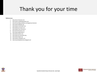 Thank you for your time
References
      1.    http://imam-khomeini.com
      2.    http://www.notablebiographies.com
      3.    http://hozourblog.wordpress.com/tag/imam-khomeini
      4.    http://www.wikipedia.org
      5.    http://www.iranchamber.com
      6.    http://www.ya-hussain.com
      7.    http://www.imam-khomeini.ir
      8.    http://old.tehrantimes.com
      9.    http://www.taghribnews.ir
      10.   http://www.enotes.com
      11.   http://www.the-boondocks.org
      12.   http://www.tebyan.net
      13.   http://www.crethiplethi.com
      14.   http://uprootedpalestinians.blogspot.com




                                                                Ayatollah Ruhollah Musavi Khomeini By : Syed Aqeel
 