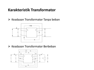 Karakteristik Transformator
 Keadaaan Transformator Tanpa beban
 Keadaaan Transformator Berbeban
F
E1
I0
N1 N2
E2
 