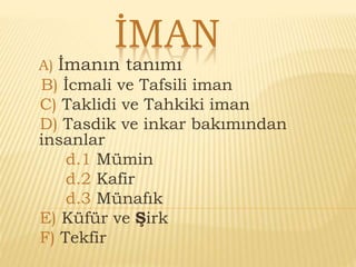 İMAN 
A) İmanın tanımı 
B) İcmali ve Tafsili iman 
C) Taklidi ve Tahkiki iman 
D) Tasdik ve inkar bakımından 
insanlar 
d.1 Mümin 
d.2 Kafir 
d.3 Münafık 
E) Küfür ve Şirk 
F) Tekfir 
 