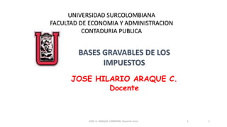 JOSE H. ARAQUE CARDENAS Docente Usco
UNIVERSIDAD SURCOLOMBIANA
FACULTAD DE ECONOMIA Y ADMINISTRACION
CONTADURIA PUBLICA
BASES GRAVABLES DE LOS
IMPUESTOS
JOSE HILARIO ARAQUE C.
Docente
1 1
 