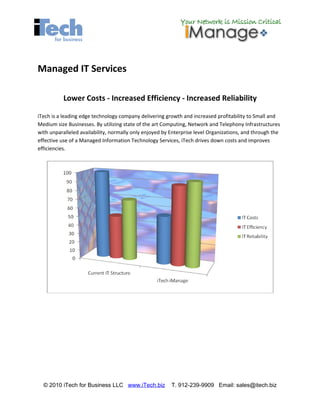 Managed IT Services

           Lower Costs - Increased Efficiency - Increased Reliability

iTech is a leading edge technology company delivering growth and increased profitability to Small and
Medium size Businesses. By utilizing state of the art Computing, Network and Telephony Infrastructures
with unparalleled availability, normally only enjoyed by Enterprise level Organizations, and through the
effective use of a Managed Information Technology Services, iTech drives down costs and improves
efficiencies.




  © 2010 iTech for Business LLC www.iTech.biz            T. 912-239-9909 Email: sales@itech.biz
 