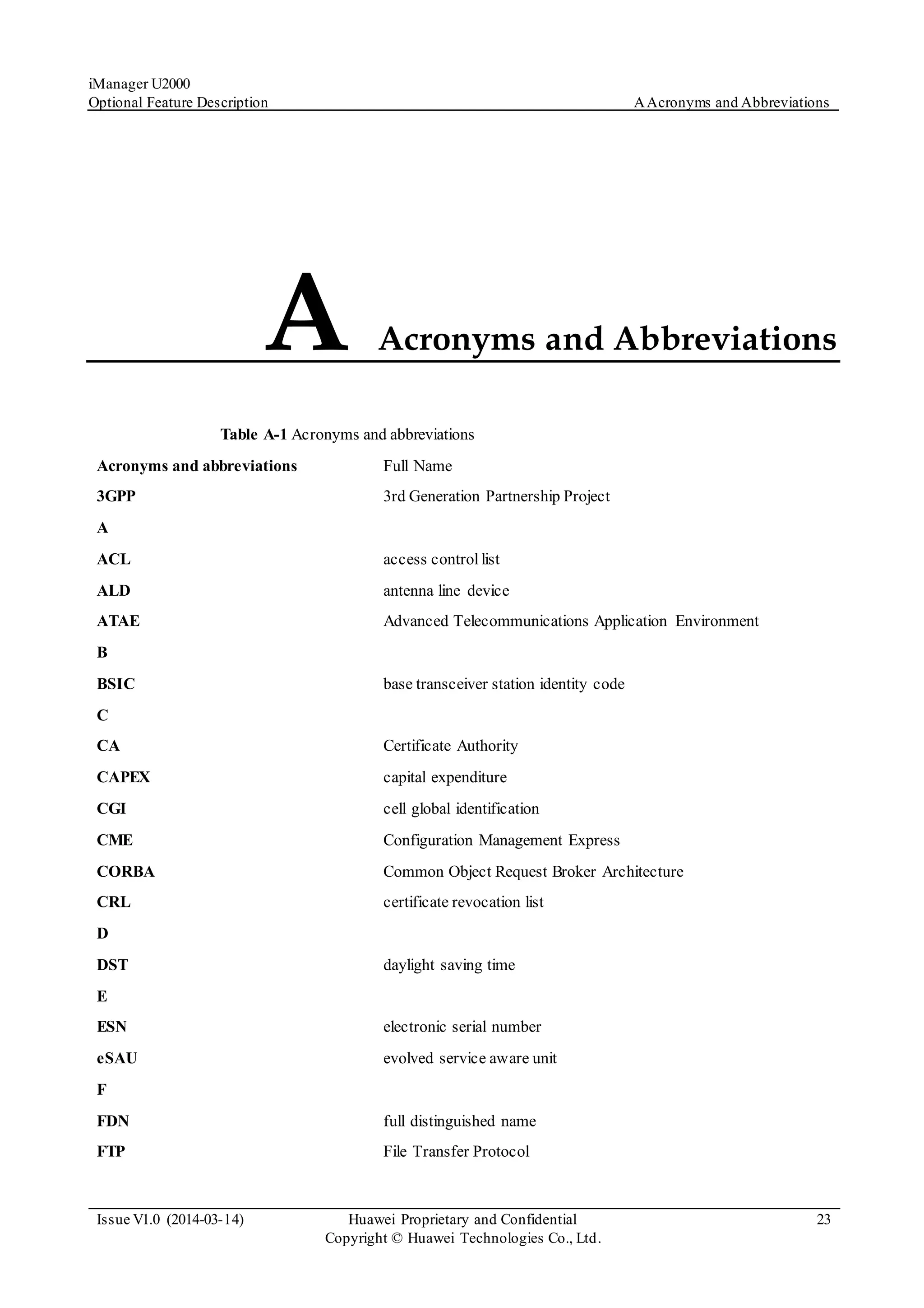 iManager U2000
Optional Feature Description AAcronyms and Abbreviations
Issue V1.0 (2014-03-14) Huawei Proprietary and Confidential
Copyright © Huawei Technologies Co., Ltd.
23
A Acronyms and Abbreviations
Table A-1 Acronyms and abbreviations
Acronyms and abbreviations Full Name
3GPP 3rd Generation Partnership Project
A
ACL access control list
ALD antenna line device
ATAE Advanced Telecommunications Application Environment
B
BSIC base transceiver station identity code
C
CA Certificate Authority
CAPEX capital expenditure
CGI cell global identification
CME Configuration Management Express
CORBA Common Object Request Broker Architecture
CRL certificate revocation list
D
DST daylight saving time
E
ESN electronic serial number
eSAU evolved service aware unit
F
FDN full distinguished name
FTP File Transfer Protocol
 