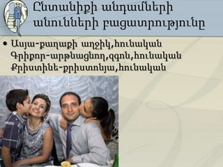 Ընտանիքի անդամների
     անունների բացատրությունը
• Ասյա-քաղաքի աղջիկ,հունական
  Գրիքոր-արթնացնող,զգոն,հունական
  Քրիստինե-քրիստոնյա,հունական
 