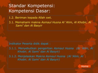 Standar Kompetensi: 
Kompetensi Dasar: 
1.2. Beriman kepada Allah swt. 
3.1. Memahami makna Asmaul Husna Al ‘Alim, Al Khobir, Al 
Indikator Peserta didik dapat : 
3.1.1. Menyebutkan pengertian Asmaul Husna (Al ‘Alim, Al 
Khobir, Al Sami’ dan Al Basyir) 
3.1.2. Menjelaskan Makna Asmaul Husna (Al ‘Alim, Al 
Khobir, Al Sami’ dan Al Basyir) 
Home 
Sami’ dan Al Basyir 
 