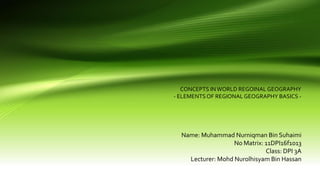 CONCEPTS INWORLD REGOINALGEOGRAPHY
- ELEMENTSOF REGIONALGEOGRAPHY BASICS -
Name: Muhammad Nurniqman Bin Suhaimi
No Matrix: 11DPI16f1013
Class: DPI 3A
Lecturer: Mohd Nurolhisyam Bin Hassan
 