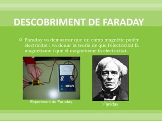 DESCOBRIMENT DE FARADAYFaraday va demostrar que un camp magnètic potfer electricitat i va donar la teoria de que l’electricitat fa magnetisme i que el magnetisme fa electricitat.  Experiment de Faraday Faraday