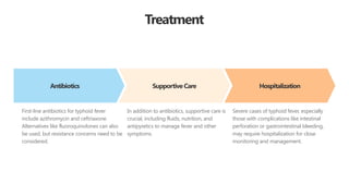 Treatment
Antibiotics
First-line antibiotics for typhoid fever
include azithromycin and ceftriaxone.
Alternatives like fluoroquinolones can also
be used, but resistance concerns need to be
considered.
Supportive Care
In addition to antibiotics, supportive care is
crucial, including fluids, nutrition, and
antipyretics to manage fever and other
symptoms.
Hospitalization
Severe cases of typhoid fever, especially
those with complications like intestinal
perforation or gastrointestinal bleeding,
may require hospitalization for close
monitoring and management.
 