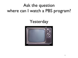 Ask the question
where can I watch a PBS program?

           Yesterday




                            75
 