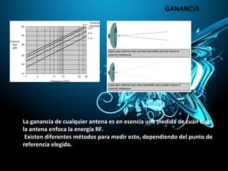GANANCIA
La ganancia de cualquier antena es en esencia una medida de cuán bien
la antena enfoca la energía RF.
Existen diferentes métodos para medir esto, dependiendo del punto de
referencia elegido.
 