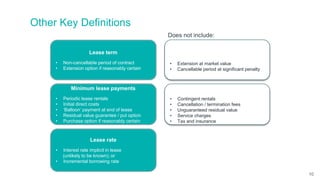 Other Key Definitions
Lease term
• Non-cancellable period of contract
• Extension option if reasonably certain
Minimum lease payments
• Periodic lease rentals
• Initial direct costs
• ‘Balloon’ payment at end of lease
• Residual value guarantee / put option
• Purchase option if reasonably certain
Lease rate
• Interest rate implicit in lease
(unlikely to be known); or
• Incremental borrowing rate
Does not include:
• Extension at market value
• Cancellable period at significant penalty
• Contingent rentals
• Cancellation / termination fees
• Unguaranteed residual value
• Service charges
• Tax and insurance
10
 