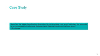 Case Study
Based on the lease classification determined in the previous case study, calculate the amounts
to be recognised in the Income Statement and Balance Sheet over the lease term?
(15 minutes)
14
 