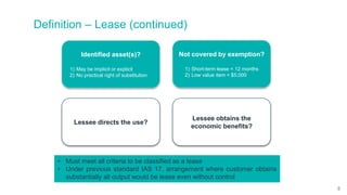 Definition – Lease (continued)
Identified asset(s)?
1) May be implicit or explicit
2) No practical right of substitution
Lessee directs the use?
Lessee obtains the
economic benefits?
• Must meet all criteria to be classified as a lease
• Under previous standard IAS 17, arrangement where customer obtains
substantially all output would be lease even without control
Not covered by exemption?
1) Short-term lease < 12 months
2) Low value item < $5,000
5
 