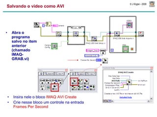 Salvando o video como AVI Abra o programa salvo no item anterior (chamado IMAQ-GRAB.vi) Insira nele o bloco  IMAQ AVI Create Crie nesse bloco um controle na entrada  Frames Per Second 