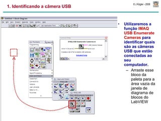 1. Identificando a câmera USB Utilizaremos a função  IMAQ USB Enumerate Cameras  para identificar quais são as câmeras USB que estão conectadas ao seu computador. Arraste esse bloco da paleta para a área vazia da janela de  diagrama de blocos do LabVIEW 