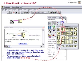 1. Identificando a câmera USB O bloco anterior produzirá como saída um array com os nomes (strings) das diversas câmeras instaladas Para acessar um deles use a função de array  chamada  index array 