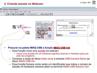 2. Criando sessão na Webcam Procurar na paleta IMAQ USB a função  IMAQ USB Init Essa função inicia uma  sessão  na webcam Iniciar uma sessão em um hardware significa reservar o hardware para uso pelo seu programa Conectar a saída do bloco  Index array  à entrada  USB Camera Name  do bloco  IMAQ USB Init . Essa função fornece como saída um identificador que indica o número da sessão no hardware camera) dado no terminal  IMAQ USB Session Out 