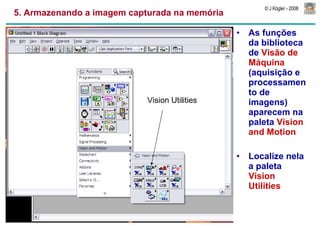 5. Armazenando a imagem capturada na memória  As funções da biblioteca  de  Visão de Máquina  (aquisição e processamento de imagens) aparecem na paleta  Vision and Motion Localize nela a paleta  Vision Utilities Vision Utilities 
