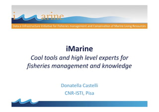 iMarine
  Cool tools and high level experts for
fisheries management and knowledge

            Donatella Castelli
             CNR-ISTI, Pisa
 