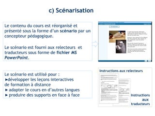 c) Scénarisation 
Le contenu du cours est réorganisé et 
présenté sous la forme d’un scénario par un 
concepteur pédagogique. 
Le scénario est fourni aux relecteurs et 
traducteurs sous forme de fichier MS 
PowerPoint. 
Le scénario est utilisé pour : 
développer les leçons interactives 
de formation à distance 
adapter le cours en d’autres langues 
produire des supports en face à face 
Instructions aux relecteurs 
Instructions 
aux 
traducteurs 
 