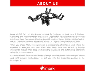 ABOUT US




iMark Info360 Pvt. Ltd. Also known as iMark Technologies or iMark, is a IT Solutions,
Consulting ERP Implementation and Services Organisation having extensive experiences
in Infrastructure/ Engineering Construction & Operations, Energy /Utilities, Mining/Metals,
FMCG, Chemicals, Pharma, Real Estate, Edible Oil, Logistics/Transportation industries.
When you chose iMark, you experience a professional partnership at work where the
experienced energetic and committed team bring value enablement by infusing
intelligence through their deep understanding in process and automating operations
with a focus on excellence.
Our multi-domain, multi-solutions based offerings facilitate you to chose the right service
and right delivery methodology to get you into the leadership position in the
marketplace.
 