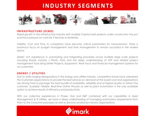 I N D U S T RY S EG M E N T S


I N F R A S T R U C T U R E ( EC & O )
Rapid growth in the Infrastructure Industry with multiple Capital build projects under construction has put
enormous pressure on costs be it Services or Materials.

Visibility, Cost and Time to completion have become critical parameters for measurement. There is
enormous focus on budget management and time management to remain successful in the market
space.

iMarks’ rich experience in automating and Integrating processes across multiple large scale projects
including Roads, Industry / Plants, Ports and the deep understanding of SAP and related project
management tools bring better Projects, Equipment, Work force and Financial management Systems for
our customers.

E N E R GY / U T I L I T I E S
Due to wide ranging deregulations in the energy and utilities industry, competitive forces have unleashed
the Customers expectations to provide the best services on demand at the lowest cost and organizations
are striving hard to package the best bundle of availability, reliability and of highest quality to attract the
customer. Scalable, Flexible, Real-time Online Process as well as plant Automation is the only available
option to achieve results of efficiency and productivity.

With our collective experiences in Power, Gas and E&P combined with our capabilities in Asset
Management & IS Utilities, we have a deep understanding of managing automation requirements from
Plant to the Consumer processes as well as Services availed by Industry Organizations.
 