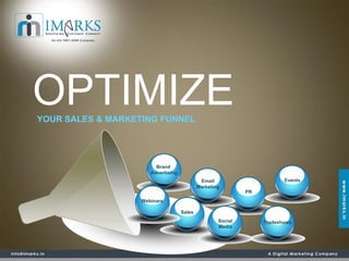 OPTIMIZE
YOUR SALES & MARKETING FUNNEL




                        Brand
                      Advertising
                                             Email                       Events
                                            Marketing
                                                             PR
                   Webinars

                                    Sales
                                                    Social        Tradeshows
                                                    Media
 