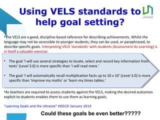 Using VELS standards to
            help goal setting?
•The VELS are a good, discipline-based reference for describing achievements. Whilst the
language may not be accessible to younger students, they can be used, or paraphrased, to
describe specific goals. Interpreting VELS ‘standards’ with students (Assessment As Learning) is
in itself a valuable exercise:

• The goal ‘I will use several strategies to locate, select and record key information from
  texts’ (Level 3.0) is more specific than ‘I will read more.’

• The goal ‘I will automatically recall multiplication facts up to 10 x 10’ (Level 3.0) is more
  specific than ‘improve my maths’ or ‘learn my times tables.’

•As teachers are required to assess students against the VELS, making the desired outcomes
explicit to students enables them to use them as learning goals.

“Learning Goals and the Ultranet” DEECD January 2010

                       Could these goals be even better?????
 