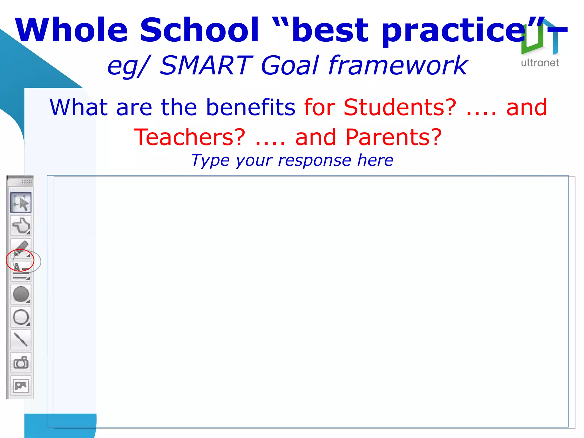 Whole School “best practice”–
      eg/ SMART Goal framework
 What are the benefits for Students? .... and
       Teachers? .... and Parents?
             Type your response here
 