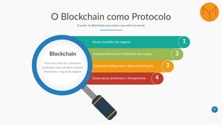 30
O Blockchain como Protocolo
O poder do Blockchain para outros usos além da moeda
1
2
3
4
Novos modelos de negócio
Blockchain
Uma nova internet, autônoma,
poderosa, capaz de gerir recursos
financeiros e regras de negócio
Inclusão financeira e eficiência em custos
Contratos inteligentes e desburocratização
Governança autônoma e transparente
 