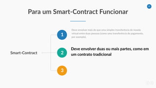 35
Para um Smart-Contract Funcionar
Smart-Contract
1
2
3
Deve envolver mais do que uma simples transferência de moeda
virtual entre duas pessoas (como uma transferência de pagamento,
por exemplo),
Deve envolver duas ou mais partes, como em
um contrato tradicional
 