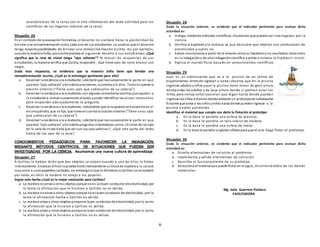 6
características de la rana) con la otra información del texto (utilidad para los
científicos de los órganos internos de la rana)
Situación 26
En el contexto de la evaluaciónformativa, el docente no siempre tiene la posibilidad de
brindar una retroalimentación orala cada uno de sus estudiantes. Lo usual es que el docente
tenga mayoresposiblidades de brindar una retroalimentación escrita. Así por ejemplo,
cuandola maestra Sofía, por escritoplantea el siguiente desafio a sus estudiantes ¿Qué
significa que la rana de cristal tenga “ojos saltones”? Al revisar las respuestas de sus
estudiantes, la maestra verifica que Cecilia, respondió: - Que tiene ojos de color blanco con
negro.
Dada esta respuesta, se evidencia que la maestra Sofía tiene que brindar una
retroalimentación escrita, ¿Cuál es la estrategia pertinente para ello?
a. Devolver la evidencia a la estudiante, solicitarle que leanuevamente la parte en que
aparece “ojos saltones” ybrindarle precisiones, loorienta yle dice: Toma encuenta la
oración anterior (“Tiene unos ojos que sobresalen de su cabeza”)
b. Devolver la evidencia a la estudiante, con algunos comentarios escritos que ayuden a
la estudiante a revisar nuevamente el texto ypoder identificar las pistas necesarias
para responder adecuadamente la pregunta.
c. Devolver la evidencia a la estudiante, indicándole que la respuesta se encuentra en el
mismopárrafo, que se fije, que tome encuenta la oraciónanterior (“Tiene unos ojos
que sobresalen de su cabeza”)
d. Devolver la evidencia a la estudiante, solicitarle que leanuevamente la parte en que
aparece “ojos saltones” ybrindarle preguntas orientadoras como:¿El color de los ojos
de la rana de cristal tiene que ver con sus ojos saltones?, ¿Qué otra parte del texto
habla de los ojos de la rana?
CONOCIMIENTOS PEDAGÓGICOS PARA FAVORECER LA INDAGACIÓN,
MEDIANTE MÉTODOS CIENTÍFICOS, DE SITUACIONES QUE PUEDEN SER
INVESTIGADAS POR LA CIENCIA: Asumamos una nueva cultura de aprendizaje
Situación 27
A Carlitos le habían dicho que dos objetos se atraen cuando a uno de ellos lo frotas
intensamente. Entonces él hizola prueba frotóintensamente untrozóde madera y lo colocó
muycerca a unos papelitos cortados;sin embargoloque le afirmarona Carlitos nose cumplió
por nada, es decir la madera no atrajo a los papeles.
Según este hecho ¿Cuál es la mejor conclusión para Carlitos?
a. La madera noatrae a otros objetos porque noes unbuen conductor de electricidad, por
lo tanto la afirmación que le hicieron a Carlitos no es válida.
b. La madera noatrae a otros objetos porque noes buenconductor de electricidad, por lo
tanto la afirmación hecha a Carlitos es válida.
c. La madera atrae a otros objetos porque es buen conductor de electricidad, por lo tanto
la afirmación que le hicieron a Carlitos es válida.
d. La madera atrae a otros objetos porque es buen conductor de electricidad, por lo tanto
la afirmación que le hicieron a Carlitos no es válida.
Situación 28
Dada la situación anterior, es evidente que el indicador pertinente para evaluar dicha
actividad es:
a. Indaga, mediante métodos científicos, situaciones que puedenser investigadas por la
ciencia.
b. Verifica la hipótesis yla rechaza ya que descubre que objetos son conductores de
electricidad y cuáles no.
c. Extrae conclusionesa partir de la relación entre su hipótesisylos resultados obtenidos
en la indagacióno de otra indagacióncientífica yvalida o rechaza la hipótesis inicial.
d. Explica el mundo físico basado en conocimientos científicos
Situación 29
Juan es un adolescente que va a la piscina de un centro de
esparcimiento. Antesde ingresar a nadar observa que en la piscina
ingresan adultos yniños yque la piscina tiene zonas de gran altura
donde están los adultos y de baja altura donde si podrían estar los
niños, pero nohay señalizaciones que digan hasta donde pueden
ingresar los niños entonces decide elaborar un prototipode señalización
flotante que avise a los niños yniñas hasta donde puedeningresar a la
piscina y evitar accidentes.
Identifica el material que cumpla con darle la flotación al prototipo:
a. En la base le pondría una esfera de plástico.
b. En la base le pondría un taco cúbico de madera.
c. En la base le pondría una esfera de metal.
d. En la base le pondría ungloboinfladopara que el aire haga flotar al prototipo.
Situación 30
Dada la situación anterior, es evidente que el indicador pertinente para evaluar dicha
actividad es:
a. Diseña alternativas de solución al problema
b. Implementa y valida alternativas de sollución
c. Describe el funcionamiento de su prototipo
d. Selecciona el materialque puede flotar en el agua, discriminándolo de los demás
materiales.
Mg. Isela Guerrero Pacheco
FACILITADORA
 