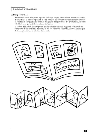 Els audiovisuals a l’Educació Infantil


Altres possibilitats
    Amb nens i nenes més grans, a partir de 5 anys, es pot fer un àlbum o llibre col·lectiu
    de la vida de la classe: explicant-hi amb imatges les diferents sortides i excursions que
    es van fent al llarg del curs, notícies del grup o d’algun infant del grup-classe, informa-
    ció dels temes que es treballen durant el curs...
    El format de l’àlbum de fotografies pot ser diferent del que suggerim. Un àlbum no
    sempre ha de ser en forma de llibre, es pot fer en forma d’acordió, pòster... això depèn
    de la imaginació i/o creativitat dels adults.




                                                                                            47
 